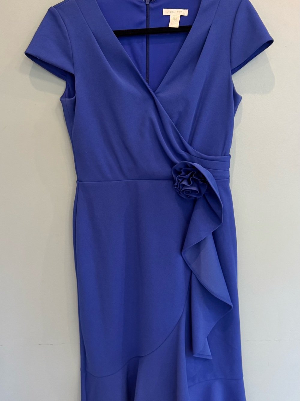 London Times Cobalt Blue Cap-Sleeve Faux-Wrap Midi Dress with Rosette